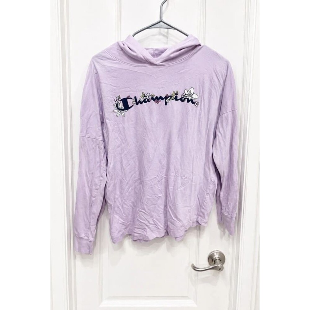 Champion Girls Lavender Hooded Long Sleeve Graphic Tee XL 16 Floral Logo